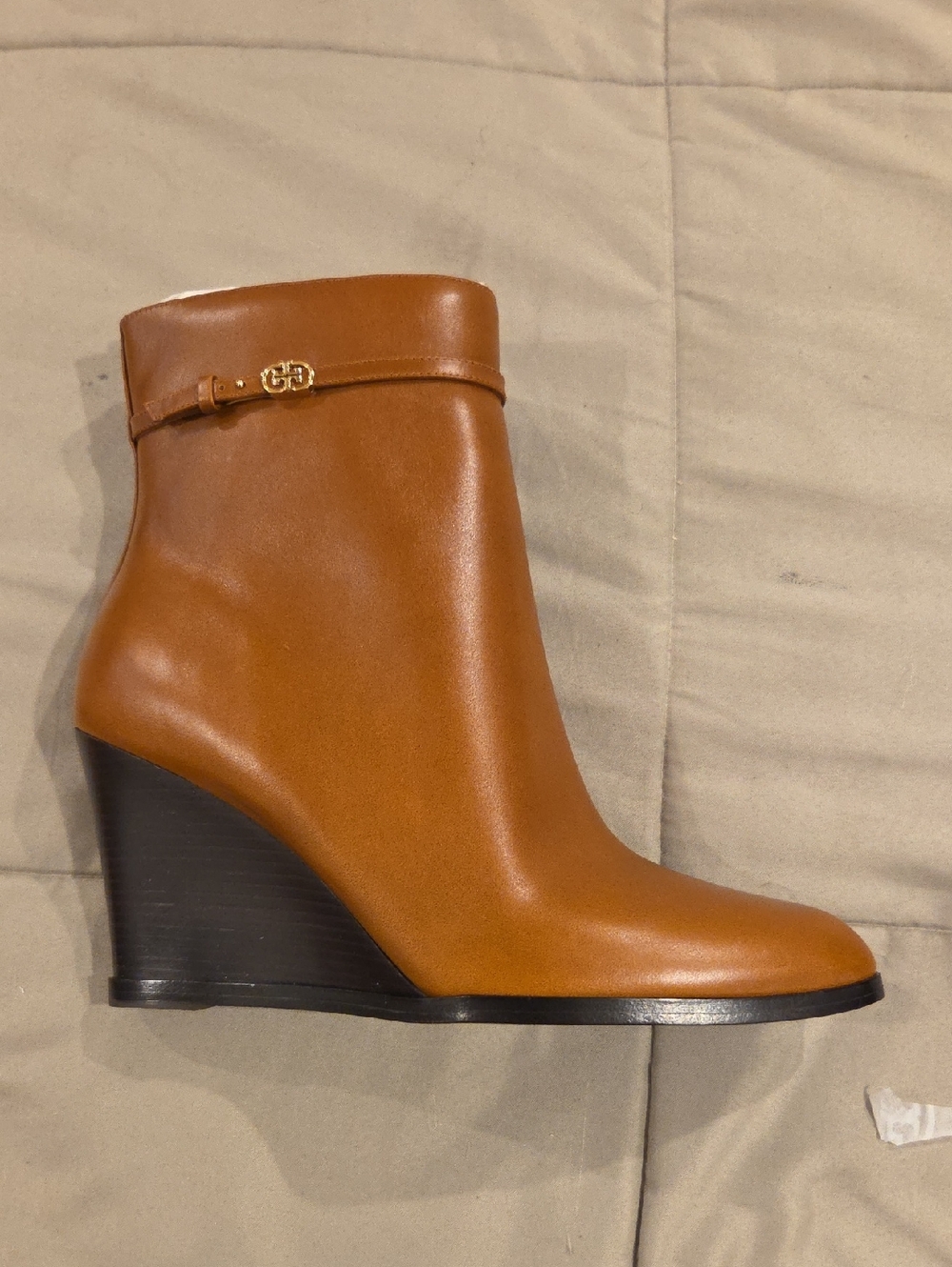 Tory Burch Cognac Leather Wedge Ankle Boot with Gold-Tone Logo Strap